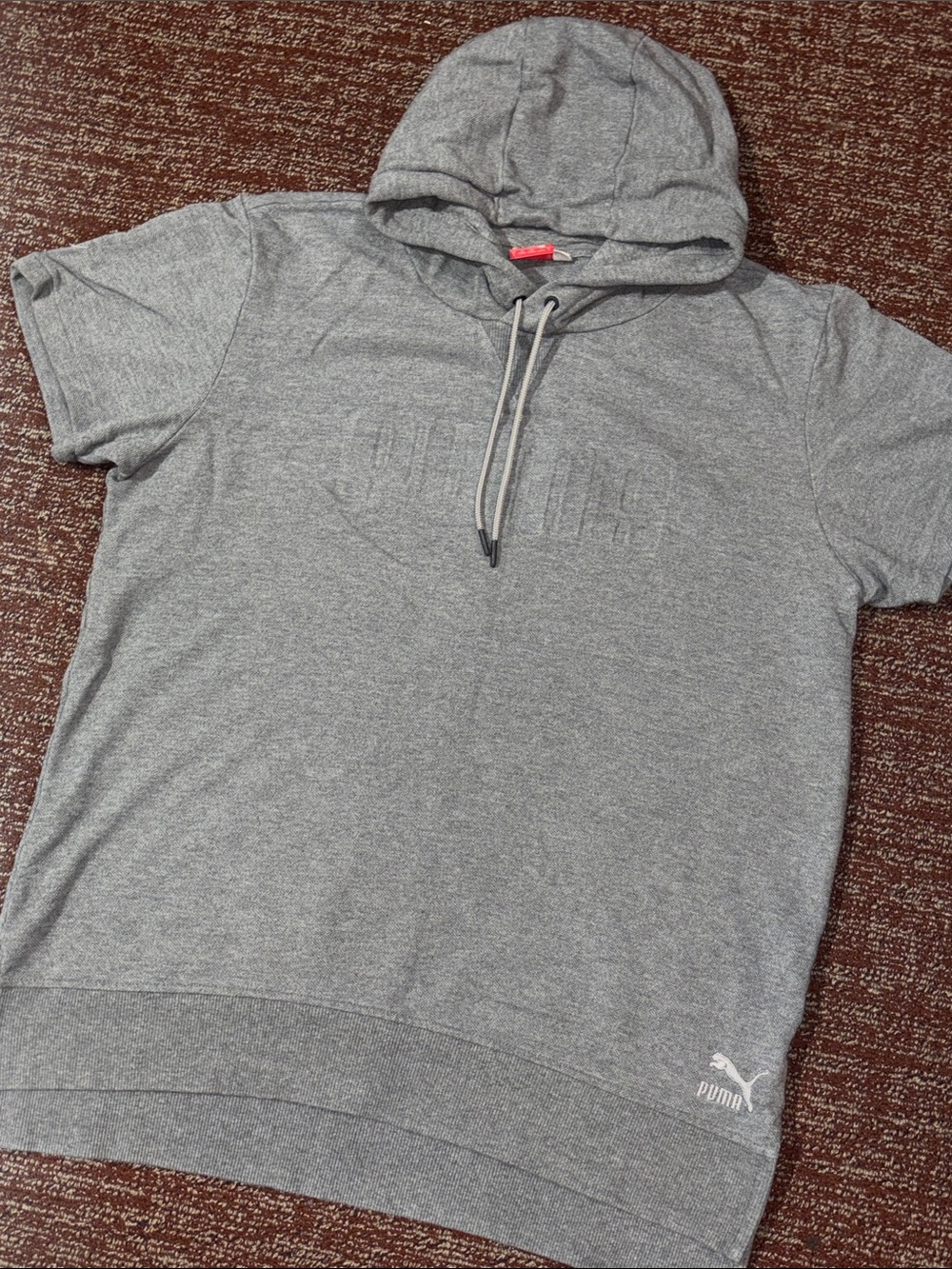 Puma Men’s Heather Gray Short-Sleeve Hoodie heavyweight relaxed sporty large